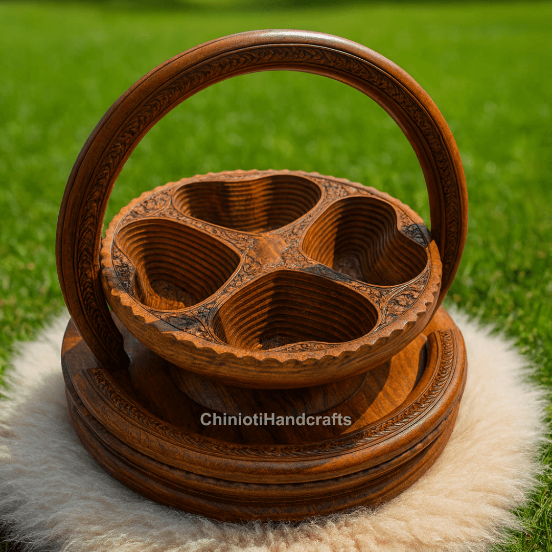 Premium wooden expandable serving tray basket 4 hearts design – Chinioti Handcrafts
