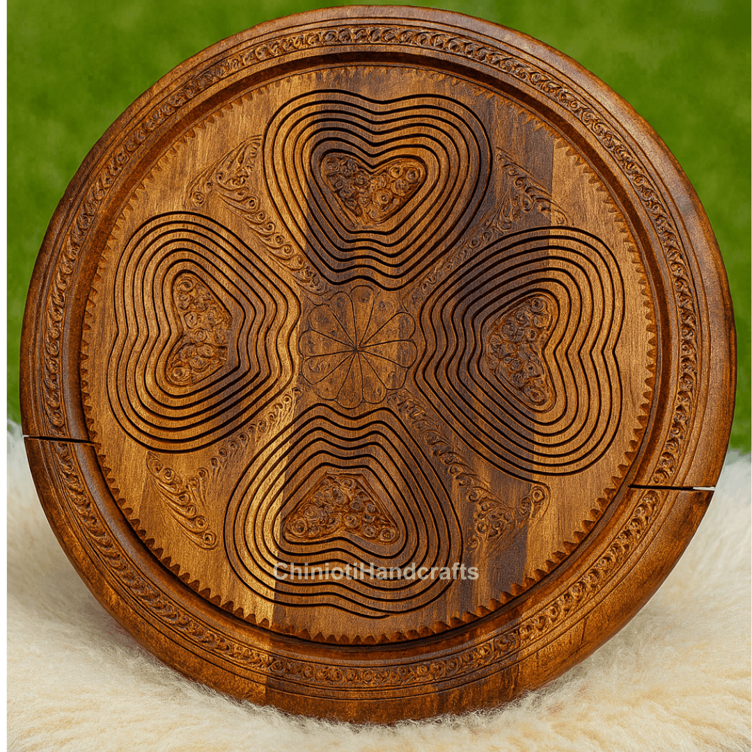 Artisan handmade wooden serving basket with heart shaped sections – Chinioti Handcrafts