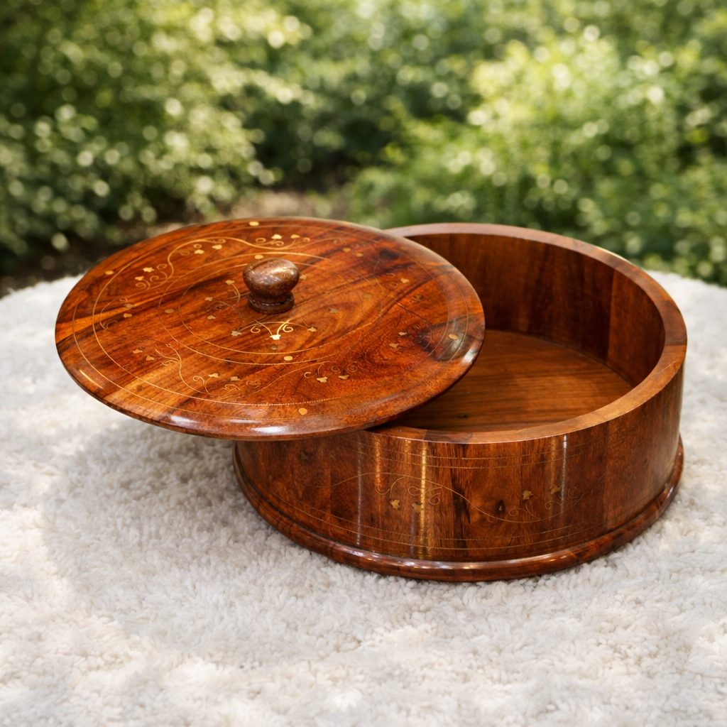 Artisan solid wood casserole hot pot featuring brass inlay work – Chinioti Handcrafts