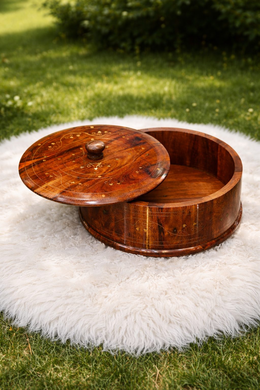 Hand carved wooden hot pot with detailed brass engravings – Chinioti Handcrafts