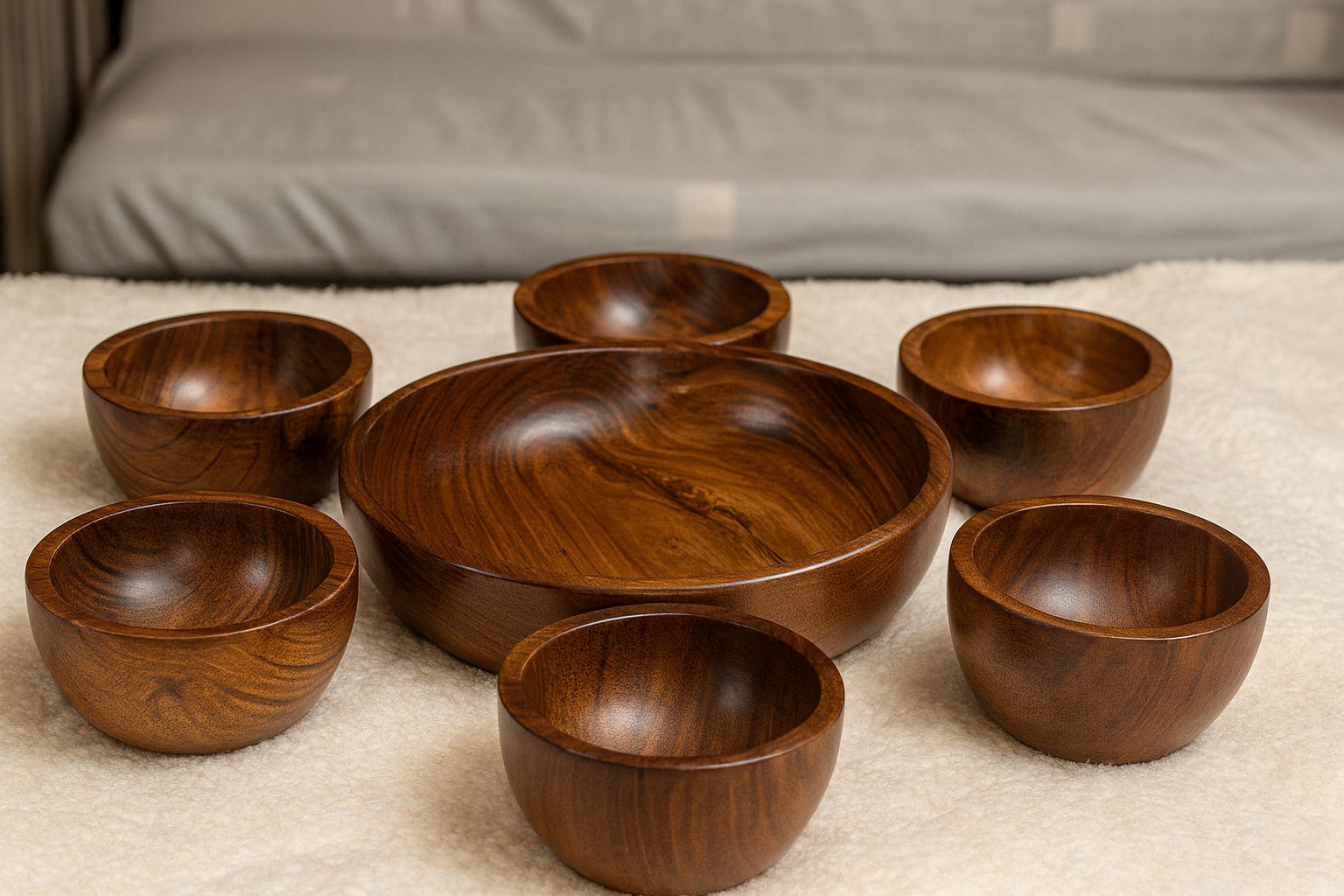 Artisan solid wood serving bowl set with seven matching pieces – Chinioti Handcrafts