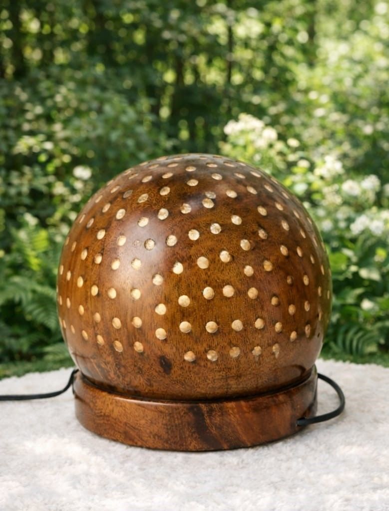 Handcrafted solid Acacia wood dome lamp with perforated ambient glow – Chinioti Handcrafts