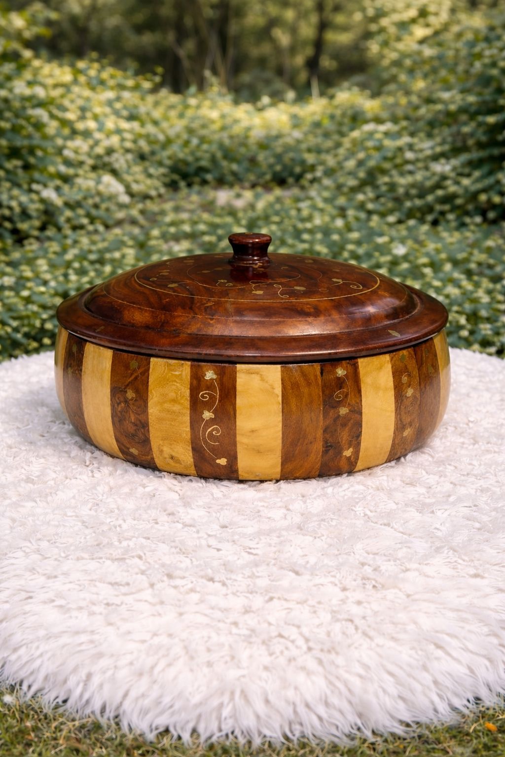 Handcrafted wooden hot pot watermelon shape with brass inlay art – Chinioti Handcrafts