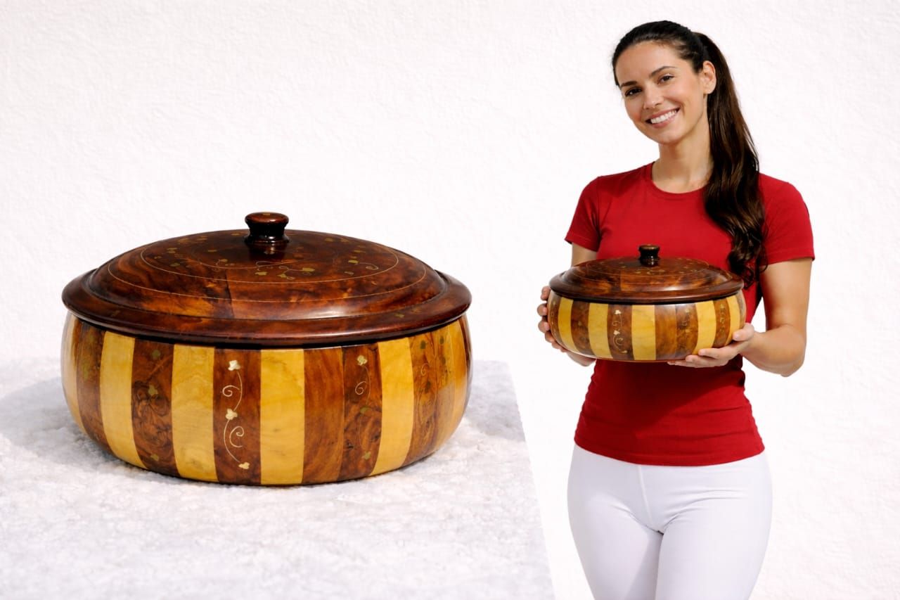 Artisan wooden serving hot pot with decorative brass inlay work – Chinioti Handcrafts