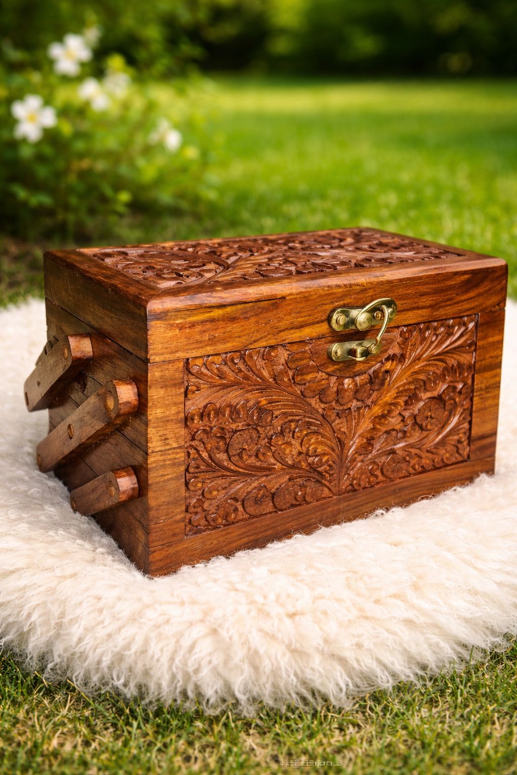 Handcrafted wooden jewelry box 3 layer carved organizer with lift top lid – Chinioti Handcrafts