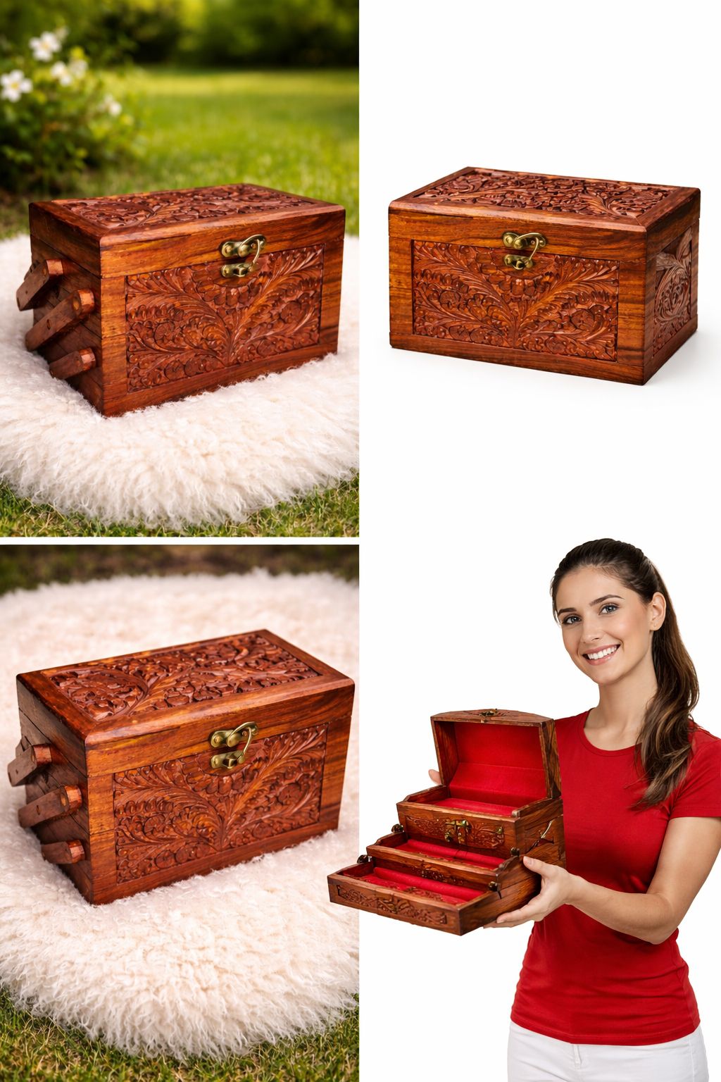 Carved wooden jewelry organizer with lift top lid and layered storage – Chinioti Handcrafts