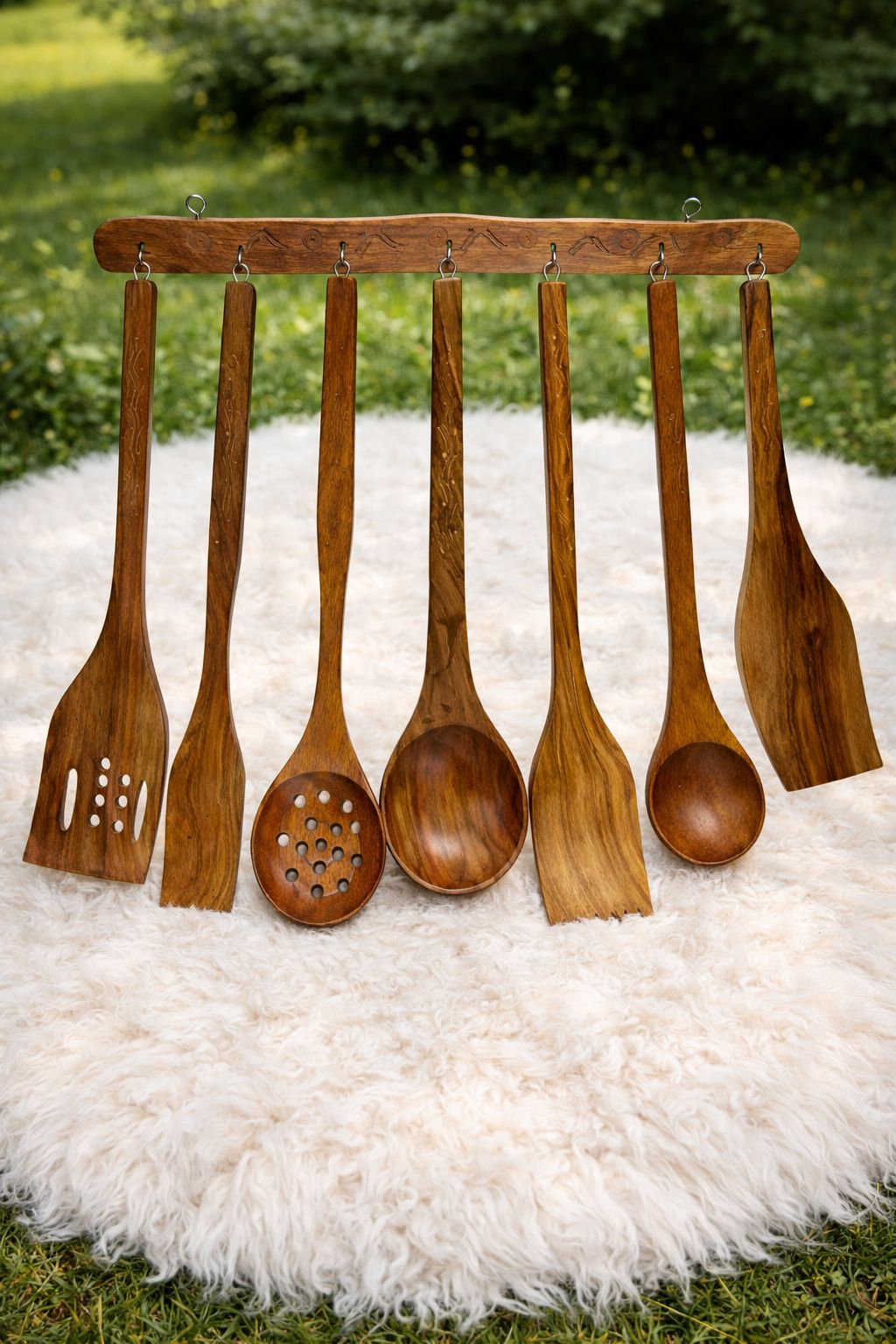 Handcrafted wooden kitchen utensil set 7 piece hanging tools – Chinioti Handcrafts