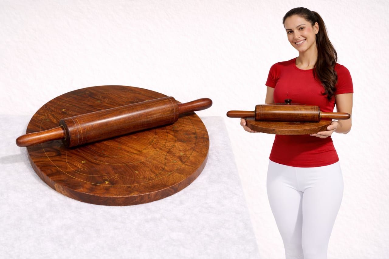 Artisan handmade wooden rolling board with belan and brass detailing – Chinioti Handcrafts