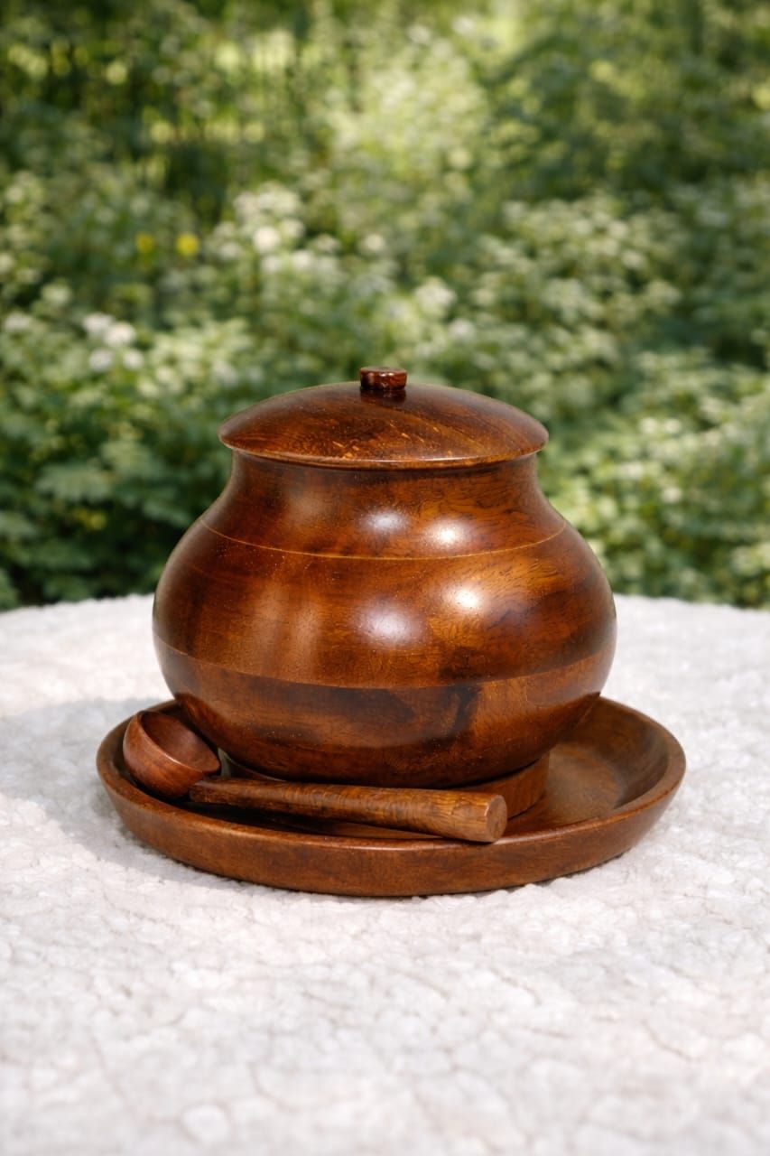 Handcrafted wooden spice jar and tea pot set with spoon and saucer – Chinioti Handcrafts