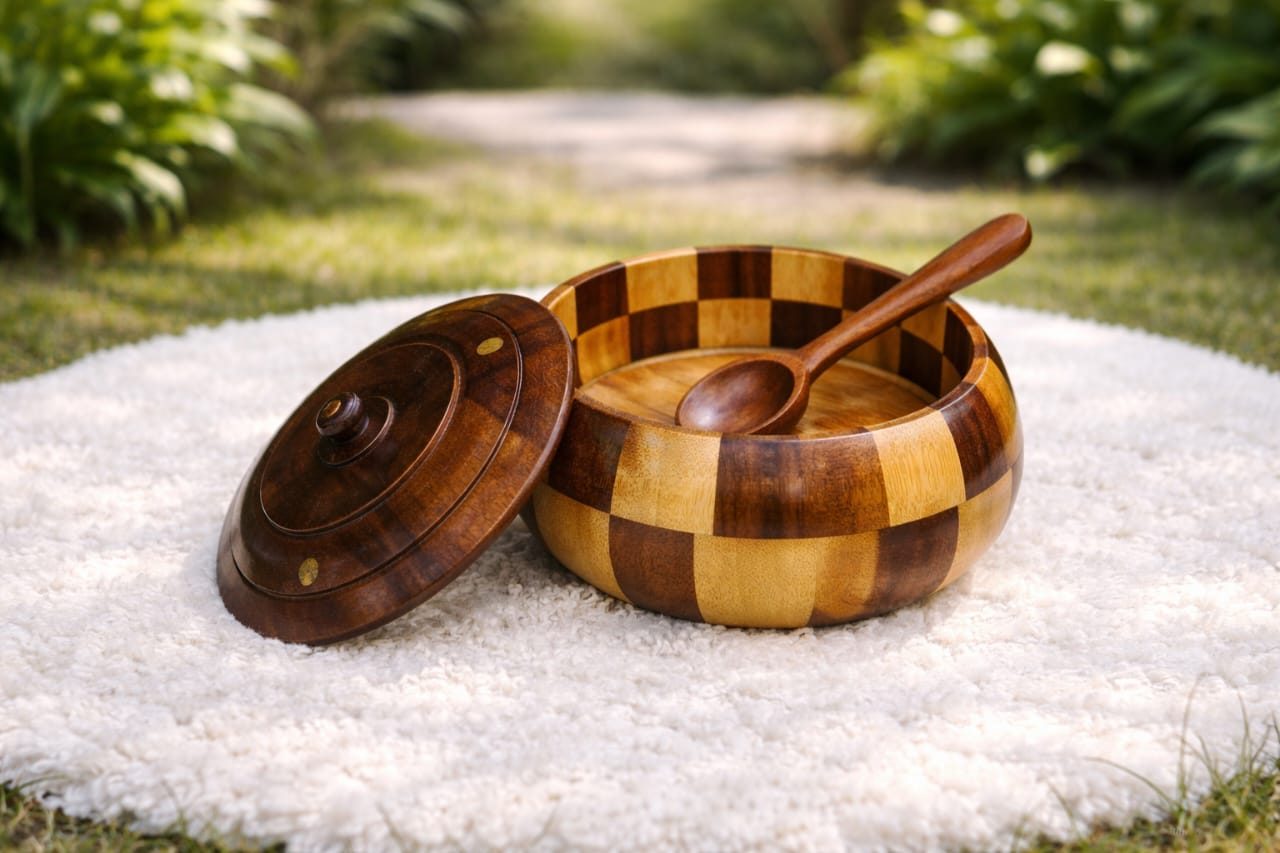 Handcrafted solid wood sugar pot with lid for kitchen and dining use – Chinioti Handcrafts