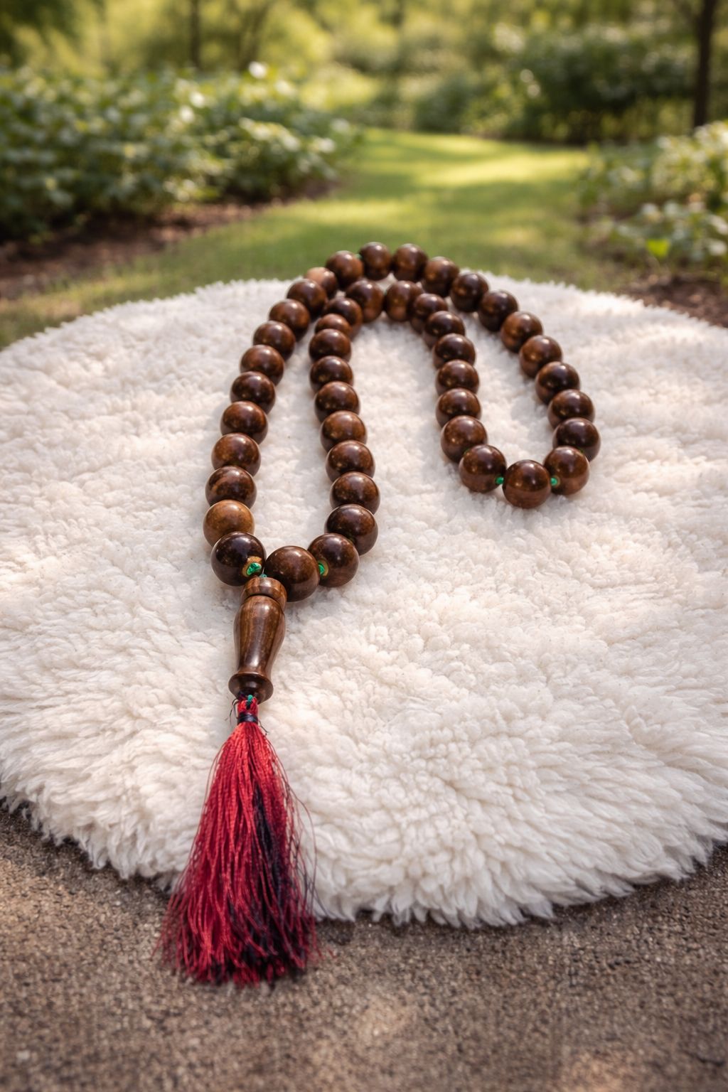 Handcrafted wooden tasbeeh with 33 prayer beads and red tassel – Chinioti Handcrafts