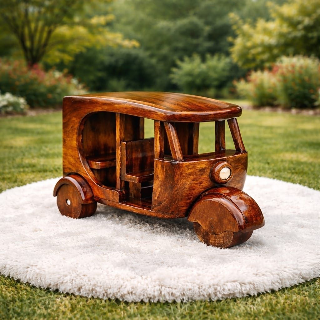Handcrafted solid wood miniature rickshaw with vintage rustic finish – Chinioti Handcrafts