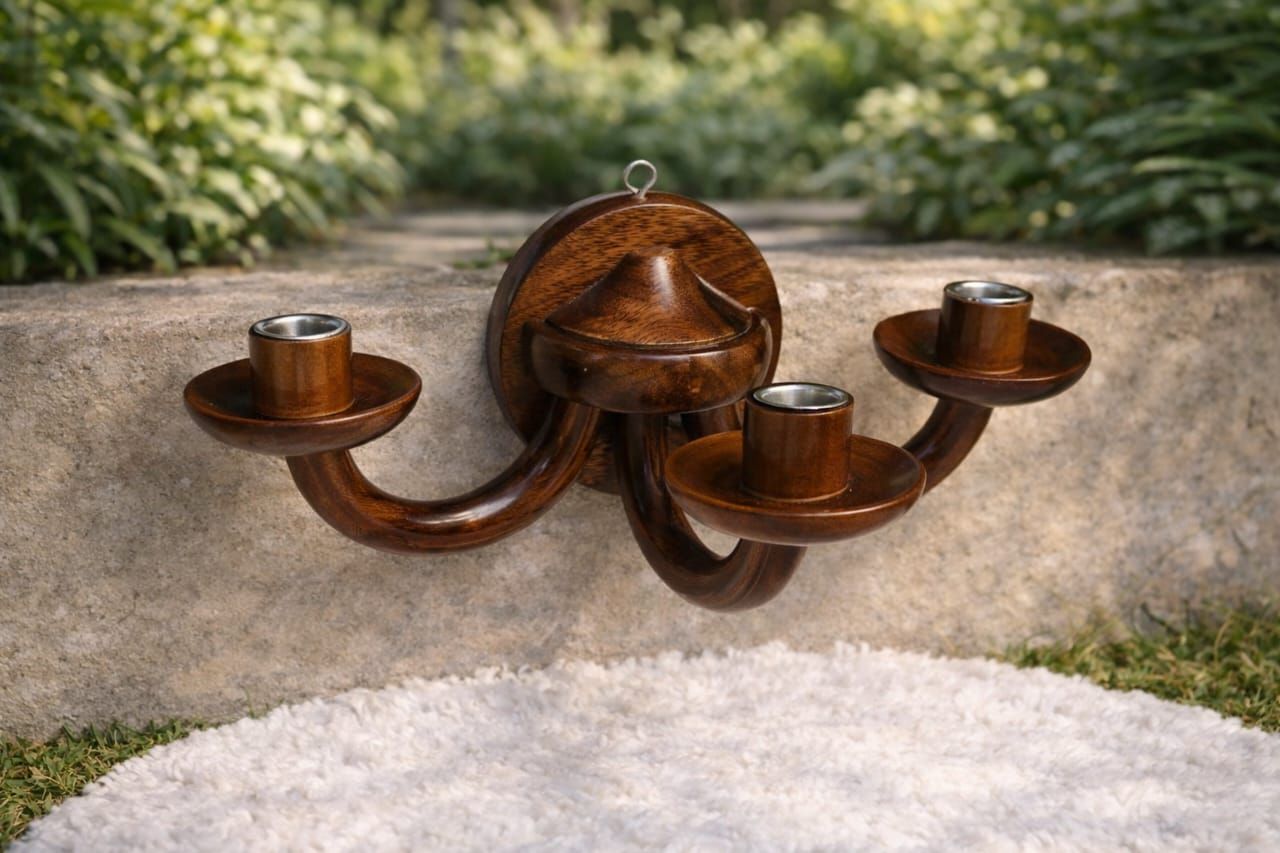 Solid wood wall mounted candle stand for three candles – Chinioti Handcrafts